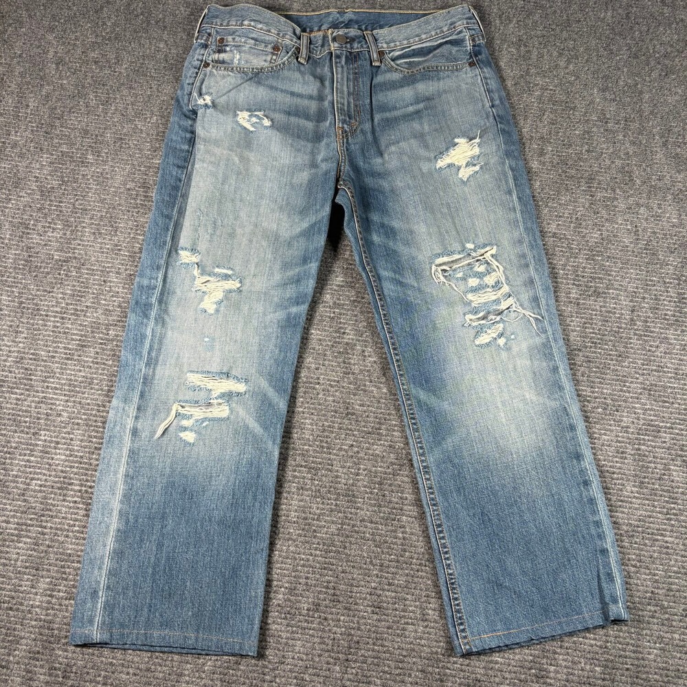 Levi's 514 Straight Fit Jeans Mens 34x30 Blue Good Distressed Ripped Denim